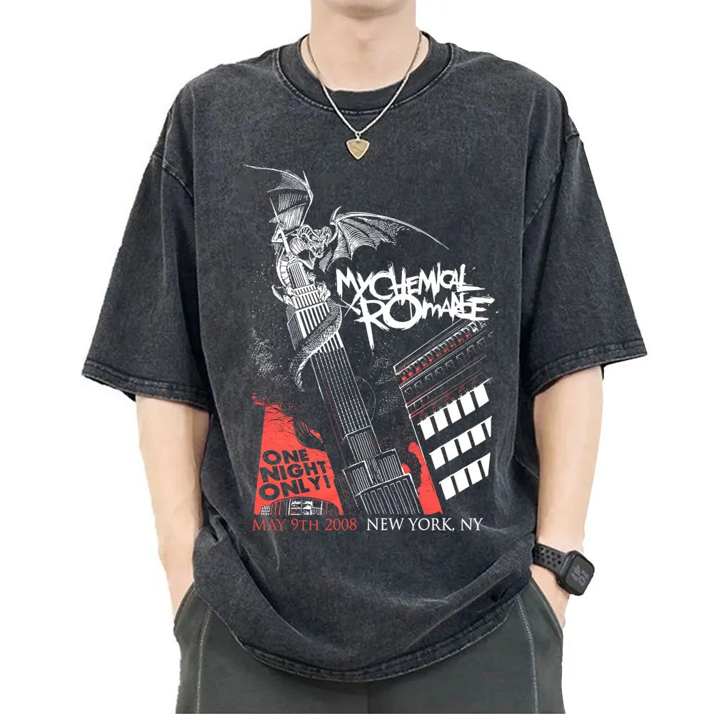 My Chemical Romance Punk Band Vintage Washed T-Shirt the Black Parade Is Dead T-Shirts Men Women Gothic Cotton Oversized T Shirt