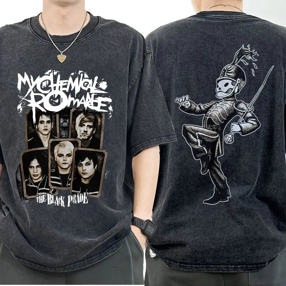 My Chemical Romance Punk Band Vintage Washed T-Shirt the Black Parade Is Dead T-Shirts Men Women Gothic Cotton Oversized T Shirt