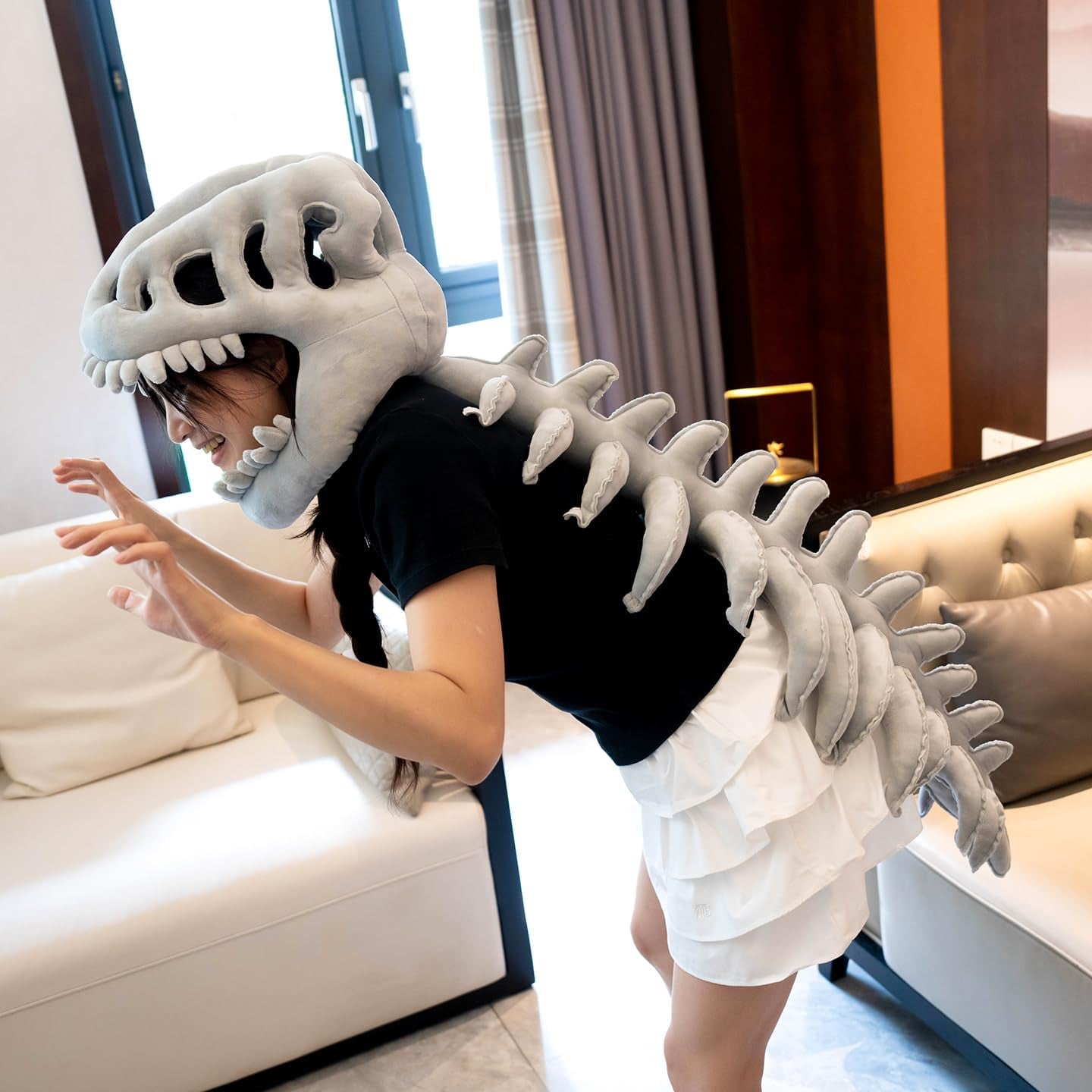Wearable Dinosaur Skeleton Spinosaurus Plush Dino Outfit,3D Dinosaur Skeleton Capes Plush Skulls,Halloween Costumes,33 Inches
