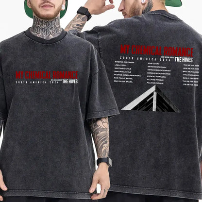 My Chemical Romance Punk Band Vintage Washed T-Shirt the Black Parade Is Dead T-Shirts Men Women Gothic Cotton Oversized T Shirt