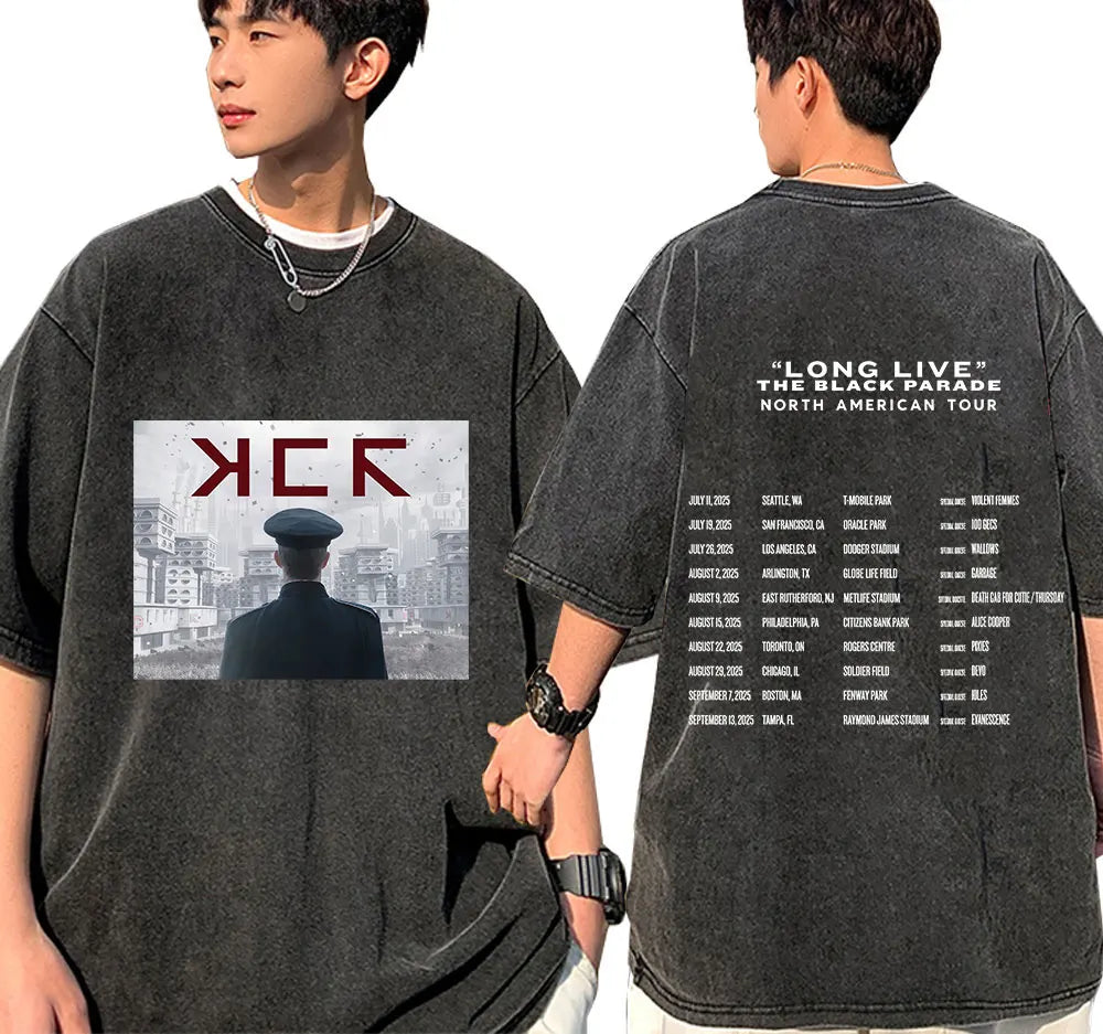 My Chemical Romance Punk Band Vintage Washed T-Shirt the Black Parade Is Dead T-Shirts Men Women Gothic Cotton Oversized T Shirt