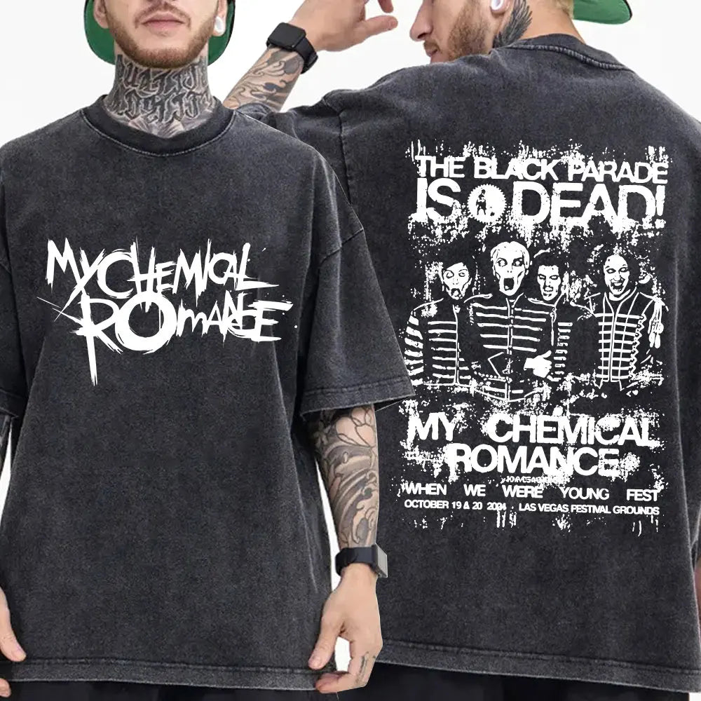 My Chemical Romance Punk Band Vintage Washed T-Shirt the Black Parade Is Dead T-Shirts Men Women Gothic Cotton Oversized T Shirt