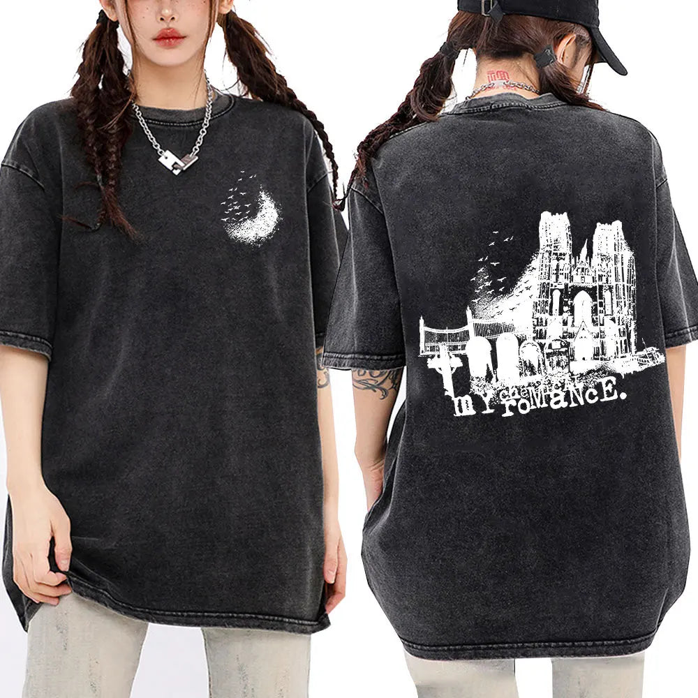 My Chemical Romance Punk Band Vintage Washed T-Shirt the Black Parade Is Dead T-Shirts Men Women Gothic Cotton Oversized T Shirt