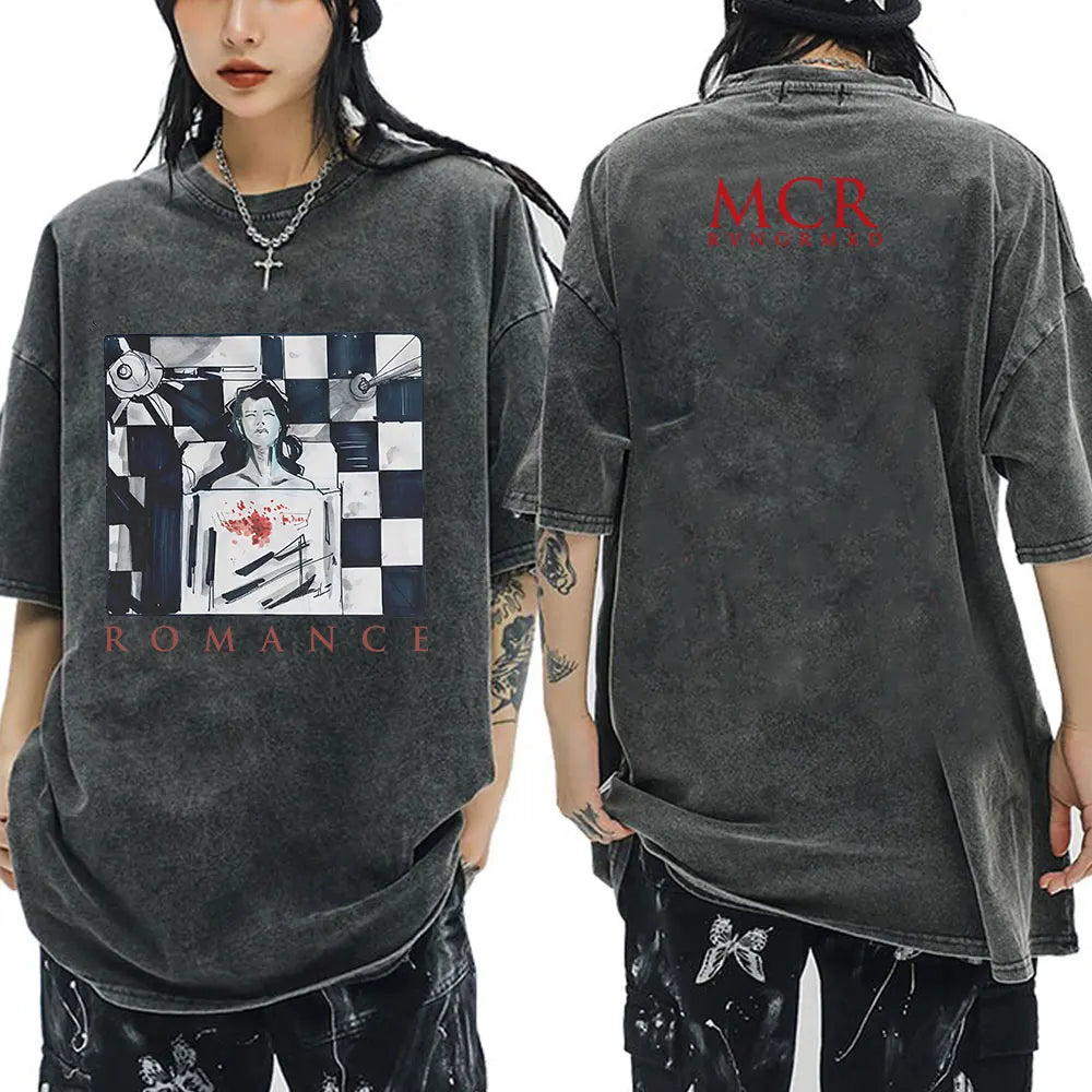 My Chemical Romance Punk Band Vintage Washed T-Shirt the Black Parade Is Dead T-Shirts Men Women Gothic Cotton Oversized T Shirt
