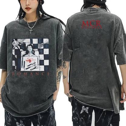 My Chemical Romance Punk Band Vintage Washed T-Shirt the Black Parade Is Dead T-Shirts Men Women Gothic Cotton Oversized T Shirt