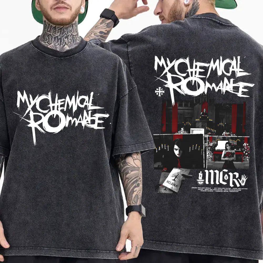 My Chemical Romance Punk Band Vintage Washed T-Shirt the Black Parade Is Dead T-Shirts Men Women Gothic Cotton Oversized T Shirt