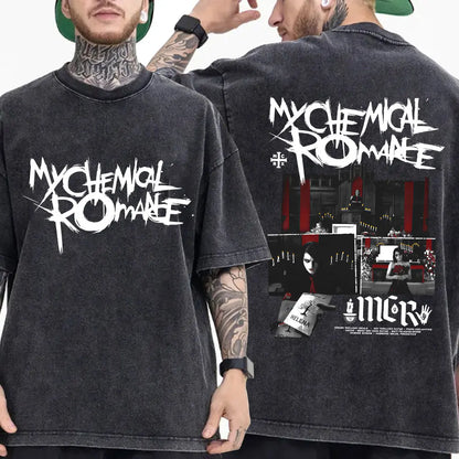 My Chemical Romance Punk Band Vintage Washed T-Shirt the Black Parade Is Dead T-Shirts Men Women Gothic Cotton Oversized T Shirt
