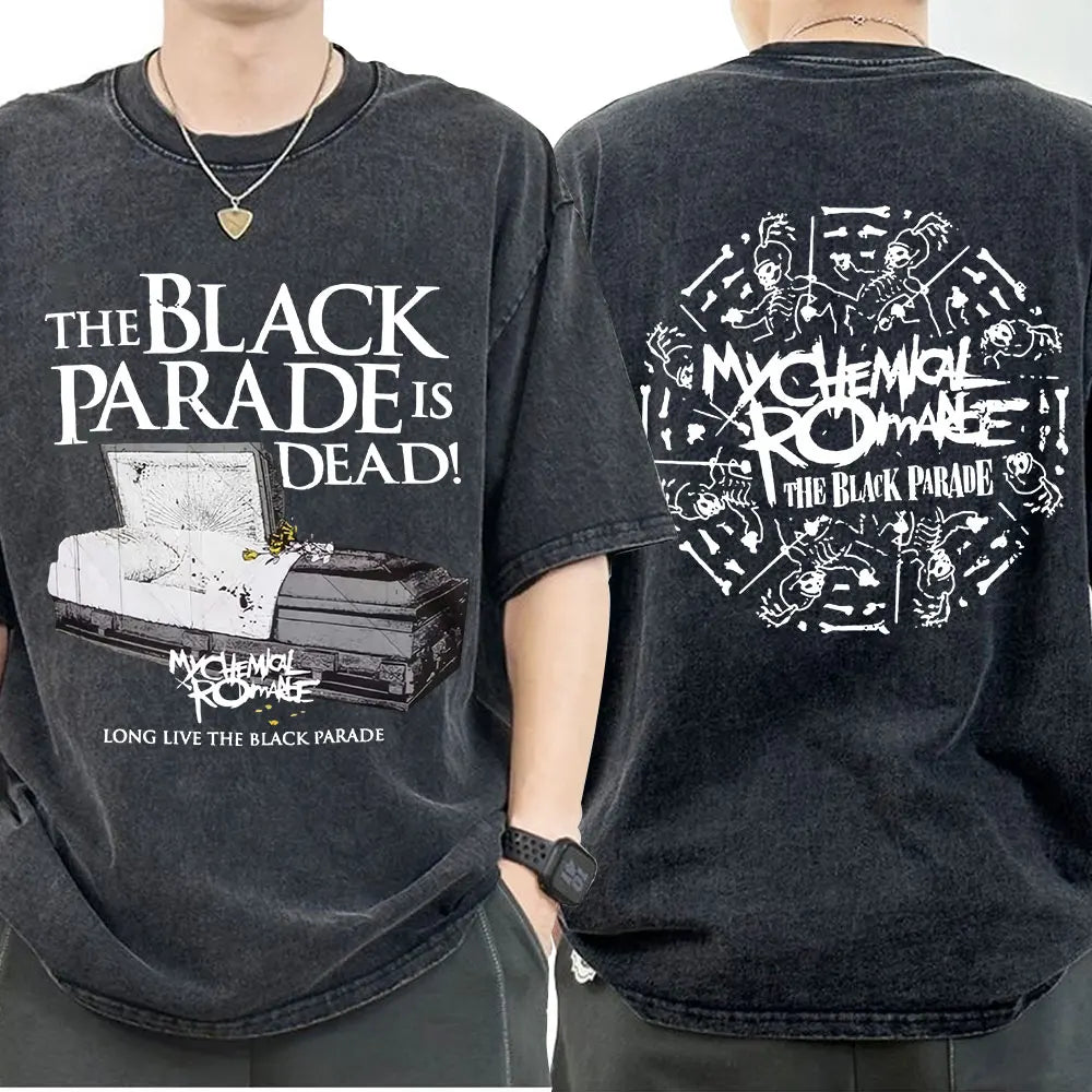 My Chemical Romance Punk Band Vintage Washed T-Shirt the Black Parade Is Dead T-Shirts Men Women Gothic Cotton Oversized T Shirt