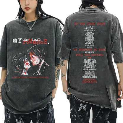 My Chemical Romance Punk Band Vintage Washed T-Shirt the Black Parade Is Dead T-Shirts Men Women Gothic Cotton Oversized T Shirt