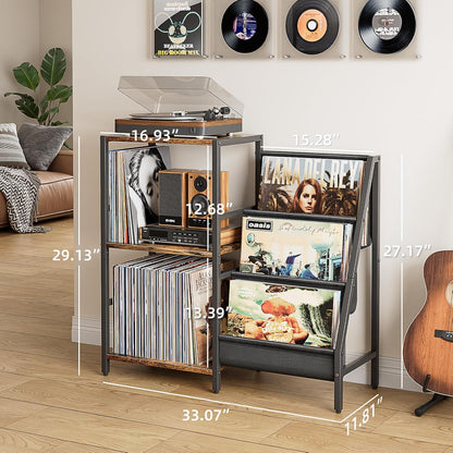 Record Player Stand, Turntable Stand with 3-Tier Vinyl Record Storage, Record Player Table 200 Albums, End Table with Vinyl Display Holder Shelf, Record Player Cabinet Media Console for Stereo