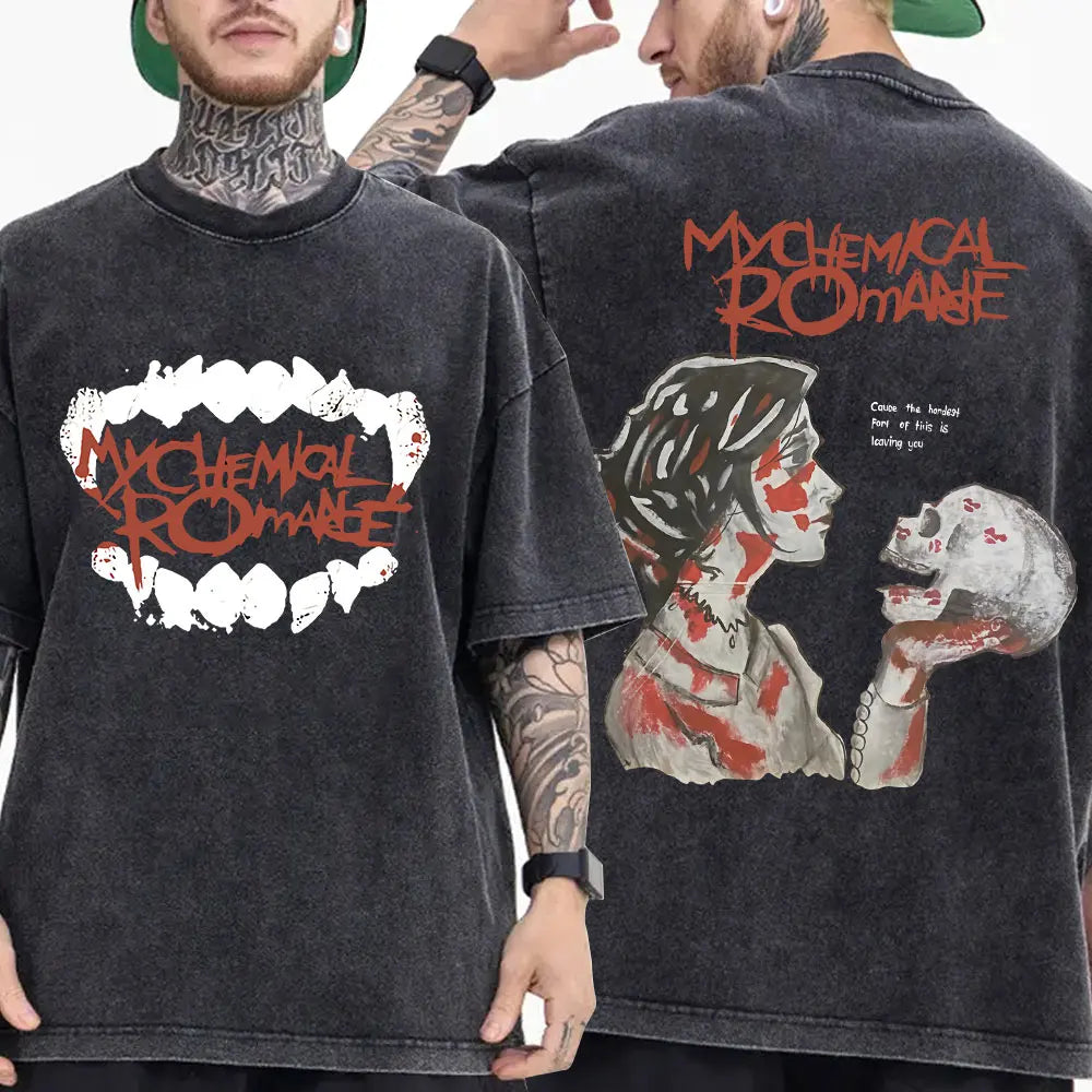 My Chemical Romance Punk Band Vintage Washed T-Shirt the Black Parade Is Dead T-Shirts Men Women Gothic Cotton Oversized T Shirt