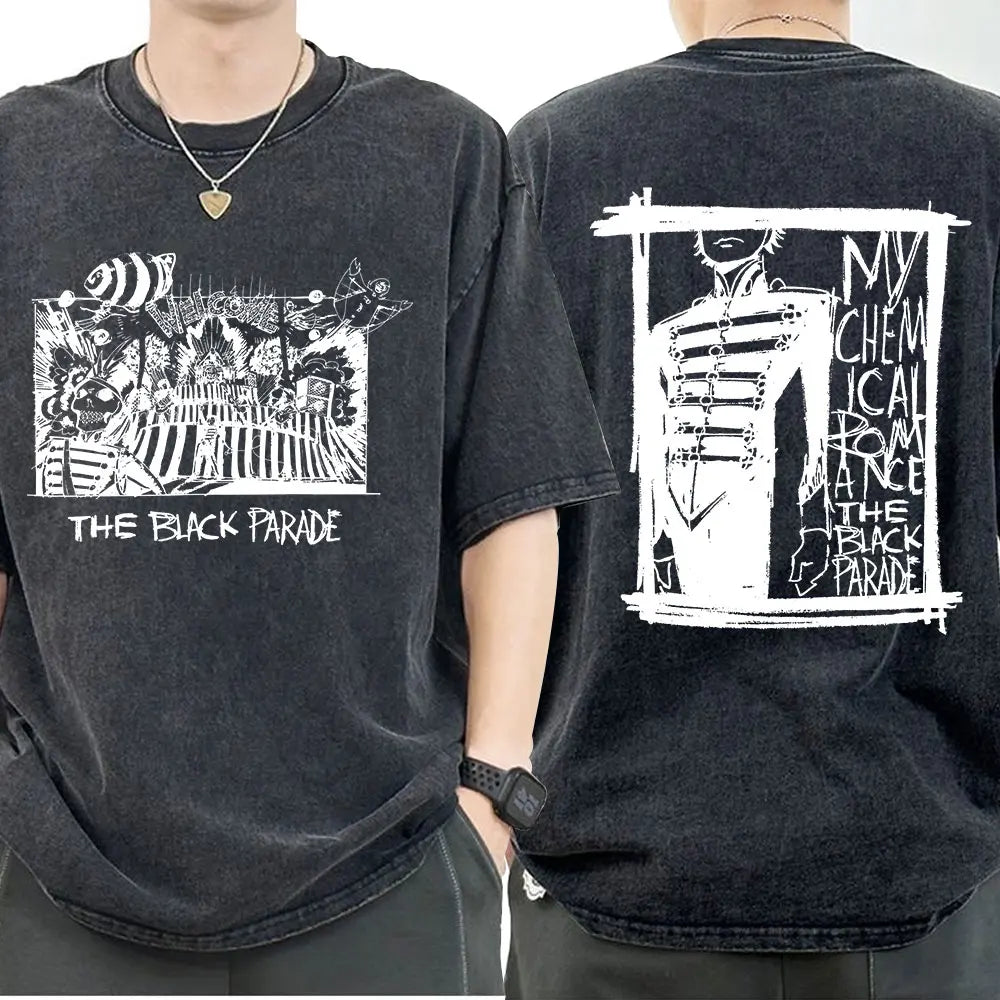 My Chemical Romance Punk Band Vintage Washed T-Shirt the Black Parade Is Dead T-Shirts Men Women Gothic Cotton Oversized T Shirt