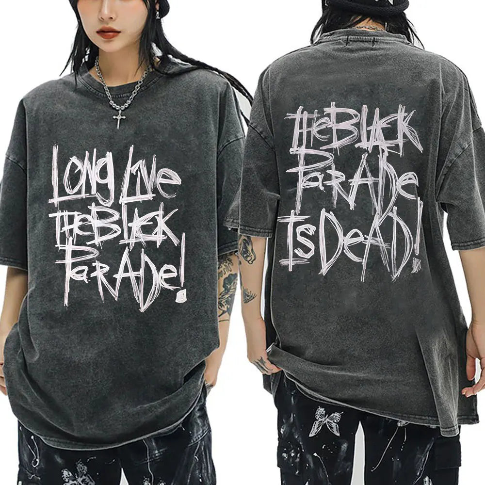 My Chemical Romance Punk Band Vintage Washed T-Shirt the Black Parade Is Dead T-Shirts Men Women Gothic Cotton Oversized T Shirt