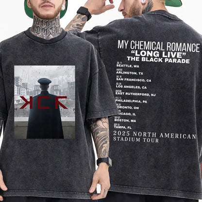 My Chemical Romance Punk Band Vintage Washed T-Shirt the Black Parade Is Dead T-Shirts Men Women Gothic Cotton Oversized T Shirt