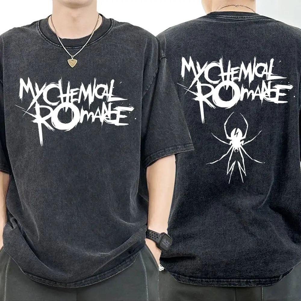 My Chemical Romance Punk Band Vintage Washed T-Shirt the Black Parade Is Dead T-Shirts Men Women Gothic Cotton Oversized T Shirt
