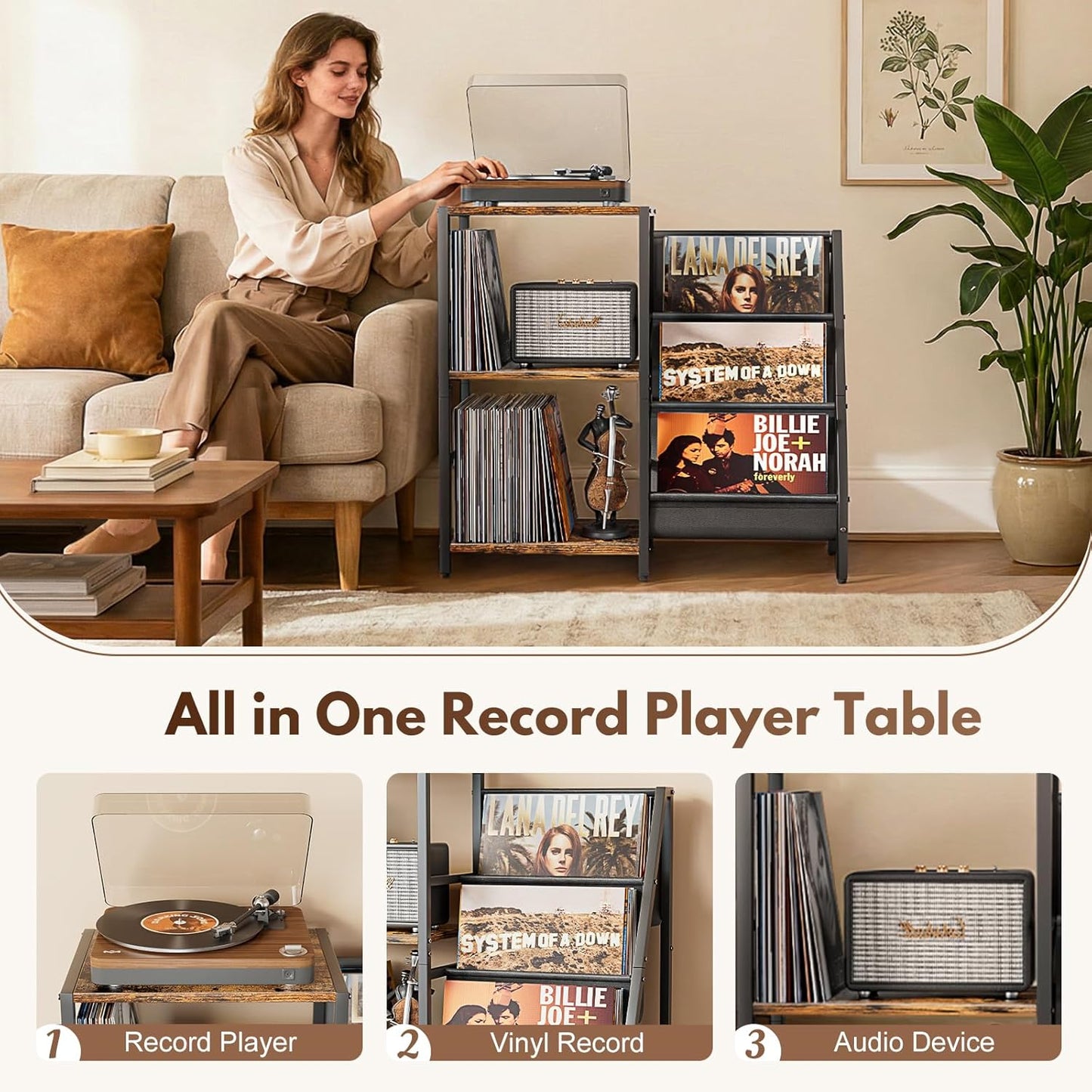 Record Player Stand, Turntable Stand with 3-Tier Vinyl Record Storage, Record Player Table 200 Albums, End Table with Vinyl Display Holder Shelf, Record Player Cabinet Media Console for Stereo