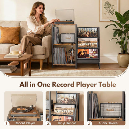 Record Player Stand, Turntable Stand with 3-Tier Vinyl Record Storage, Record Player Table 200 Albums, End Table with Vinyl Display Holder Shelf, Record Player Cabinet Media Console for Stereo