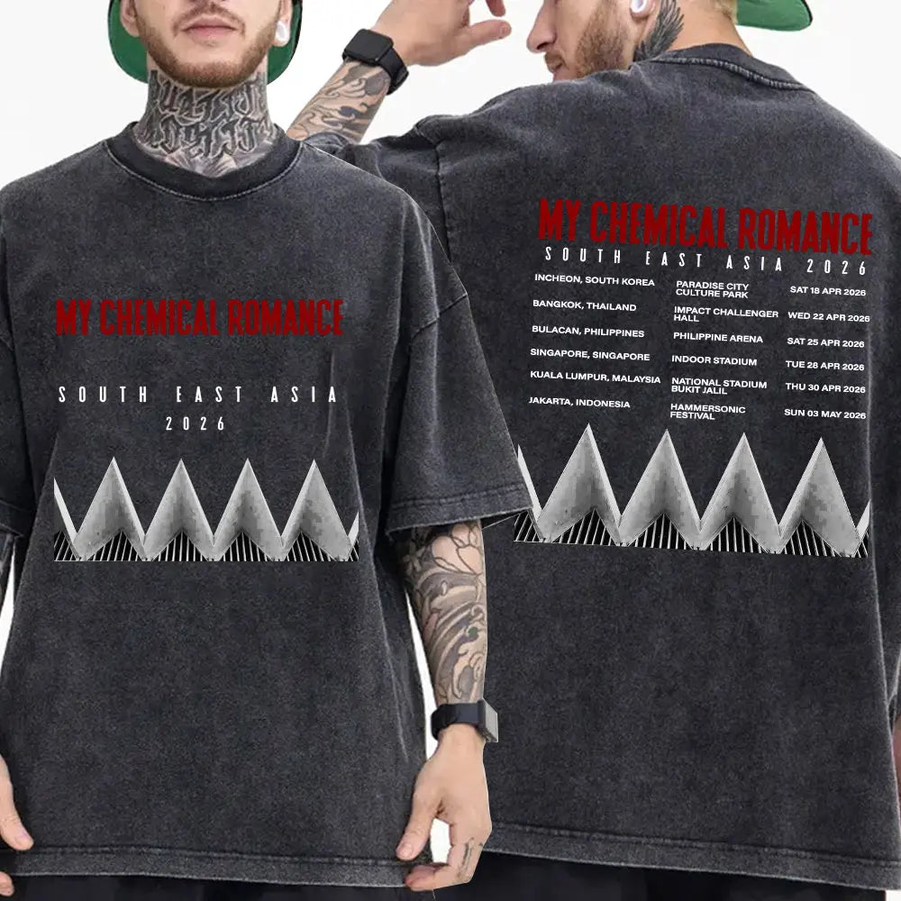 My Chemical Romance Punk Band Vintage Washed T-Shirt the Black Parade Is Dead T-Shirts Men Women Gothic Cotton Oversized T Shirt