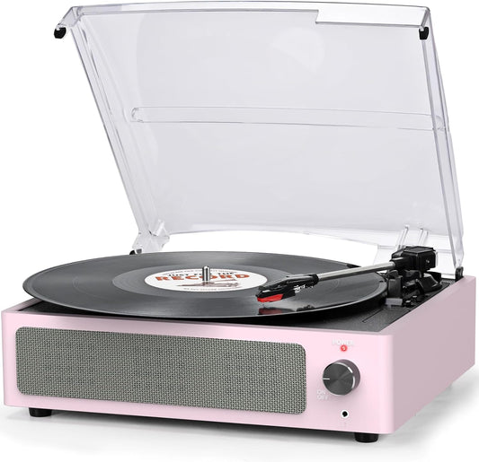 Vinyl Record Player with Speakers Turntable for Vinyls Records 3 Speed 3 Size Belt-Driven Wireless Receiver Portable All-In-1 Vinyl Players for Vinyls Auto Stop Headphone AUX RCA Line Out Pale Pink