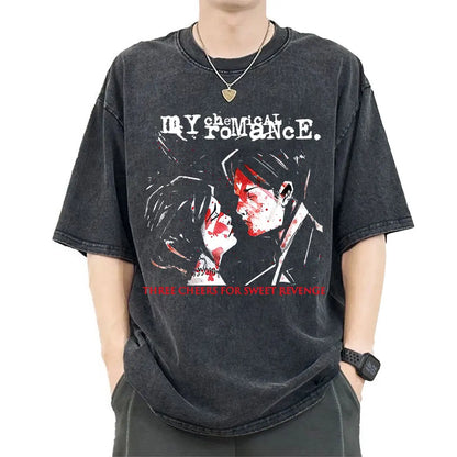 My Chemical Romance Punk Band Vintage Washed T-Shirt the Black Parade Is Dead T-Shirts Men Women Gothic Cotton Oversized T Shirt