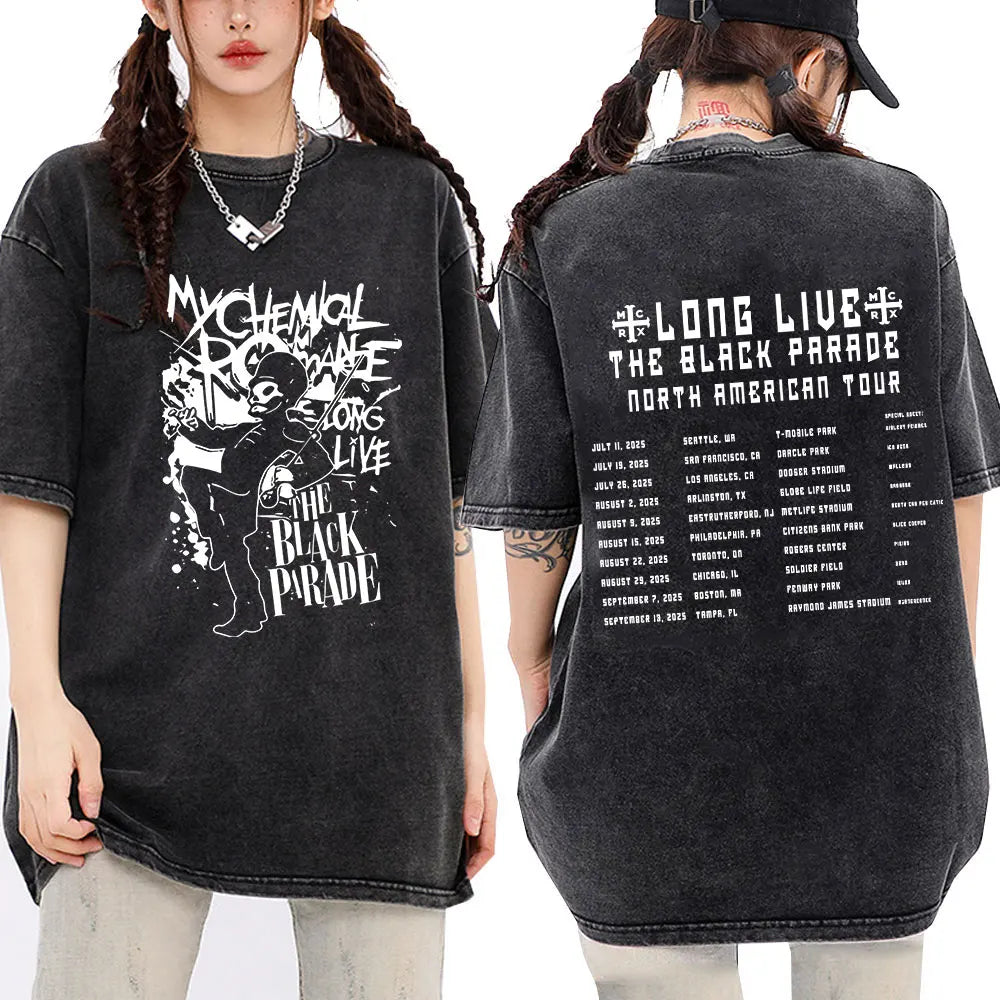My Chemical Romance Punk Band Vintage Washed T-Shirt the Black Parade Is Dead T-Shirts Men Women Gothic Cotton Oversized T Shirt