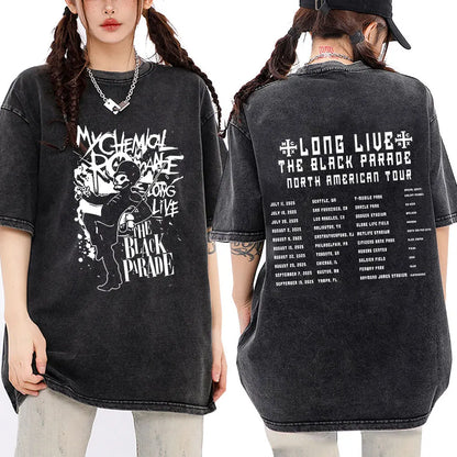 My Chemical Romance Punk Band Vintage Washed T-Shirt the Black Parade Is Dead T-Shirts Men Women Gothic Cotton Oversized T Shirt