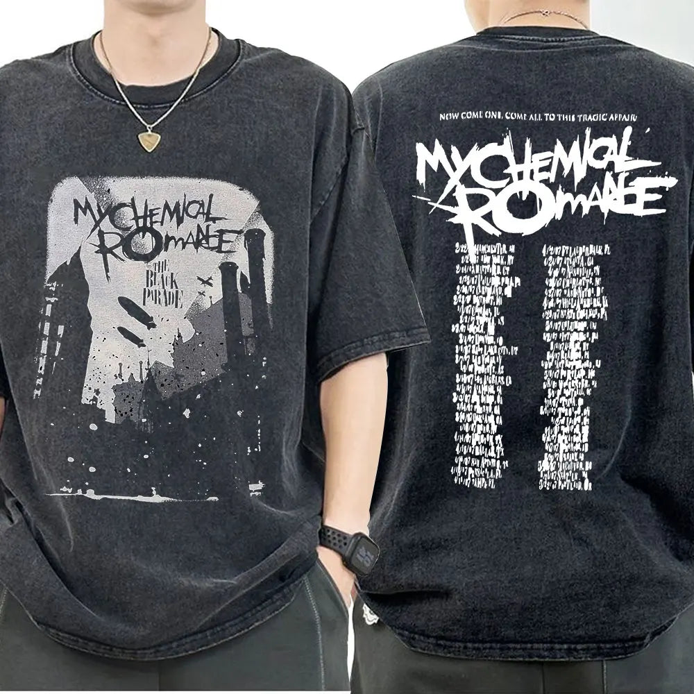 My Chemical Romance Punk Band Vintage Washed T-Shirt the Black Parade Is Dead T-Shirts Men Women Gothic Cotton Oversized T Shirt