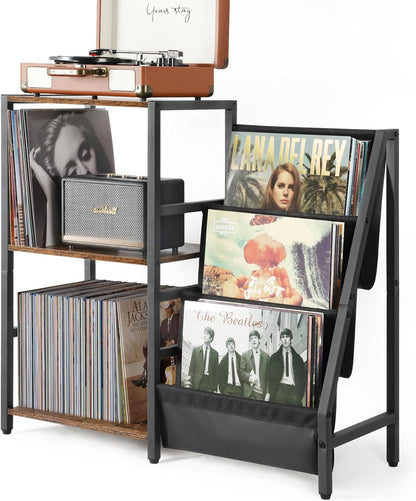 Record Player Stand, Turntable Stand with 3-Tier Vinyl Record Storage, Record Player Table 200 Albums, End Table with Vinyl Display Holder Shelf, Record Player Cabinet Media Console for Stereo