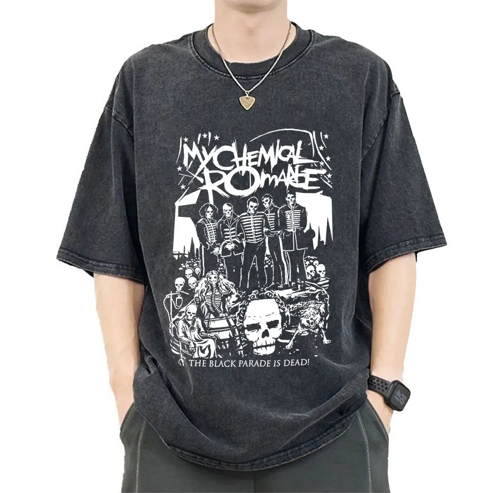 My Chemical Romance Punk Band Vintage Washed T-Shirt the Black Parade Is Dead T-Shirts Men Women Gothic Cotton Oversized T Shirt