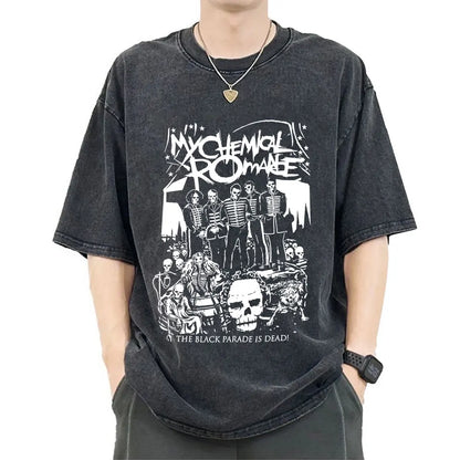 My Chemical Romance Punk Band Vintage Washed T-Shirt the Black Parade Is Dead T-Shirts Men Women Gothic Cotton Oversized T Shirt