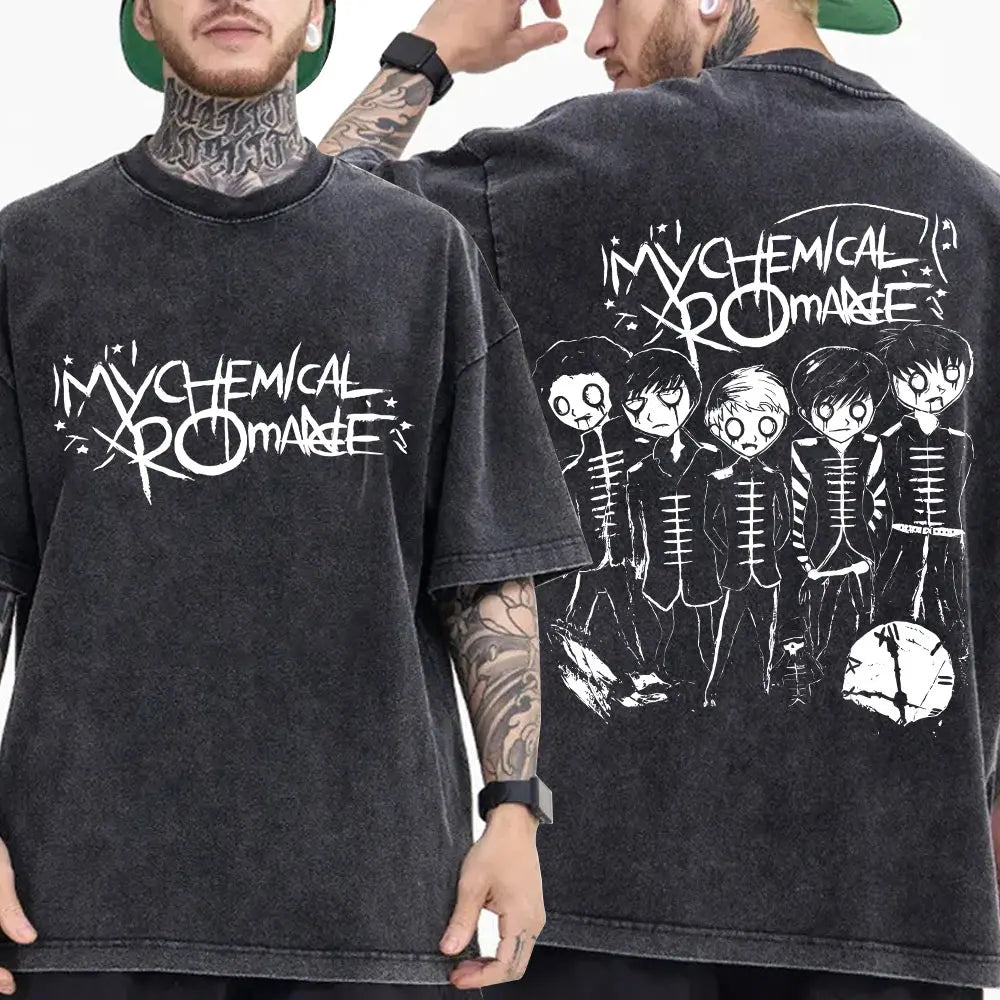 My Chemical Romance Punk Band Vintage Washed T-Shirt the Black Parade Is Dead T-Shirts Men Women Gothic Cotton Oversized T Shirt